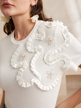 White 3D Floral Elastic Crew Neck Short Sleeve T-Shirt For Women Graphic Tees Women Tops
